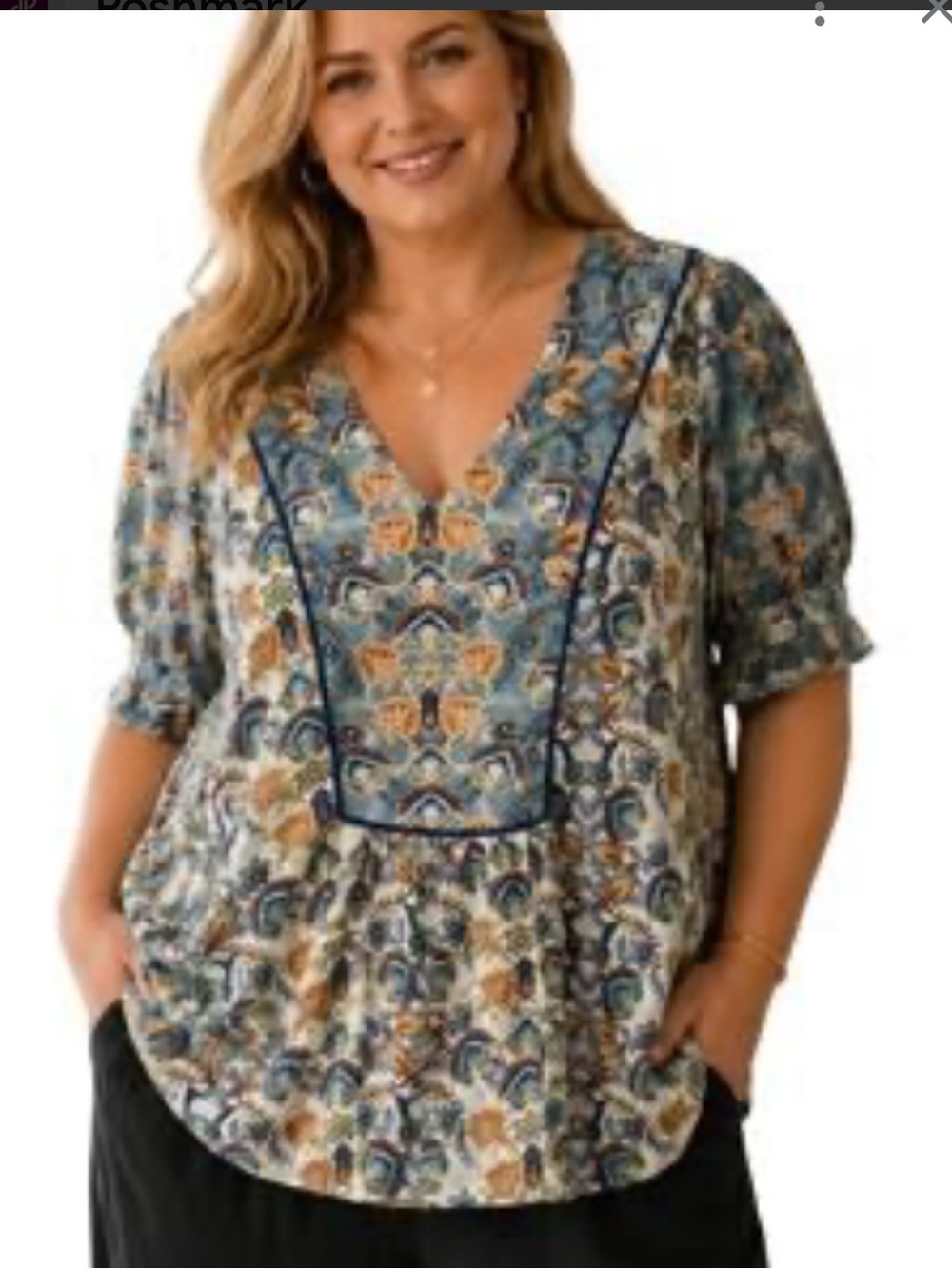 Rose + Olive Womens 2X Boho Top Multicolor Short Puff Sleeve Casual Office Artsy - Picture 3 of 9